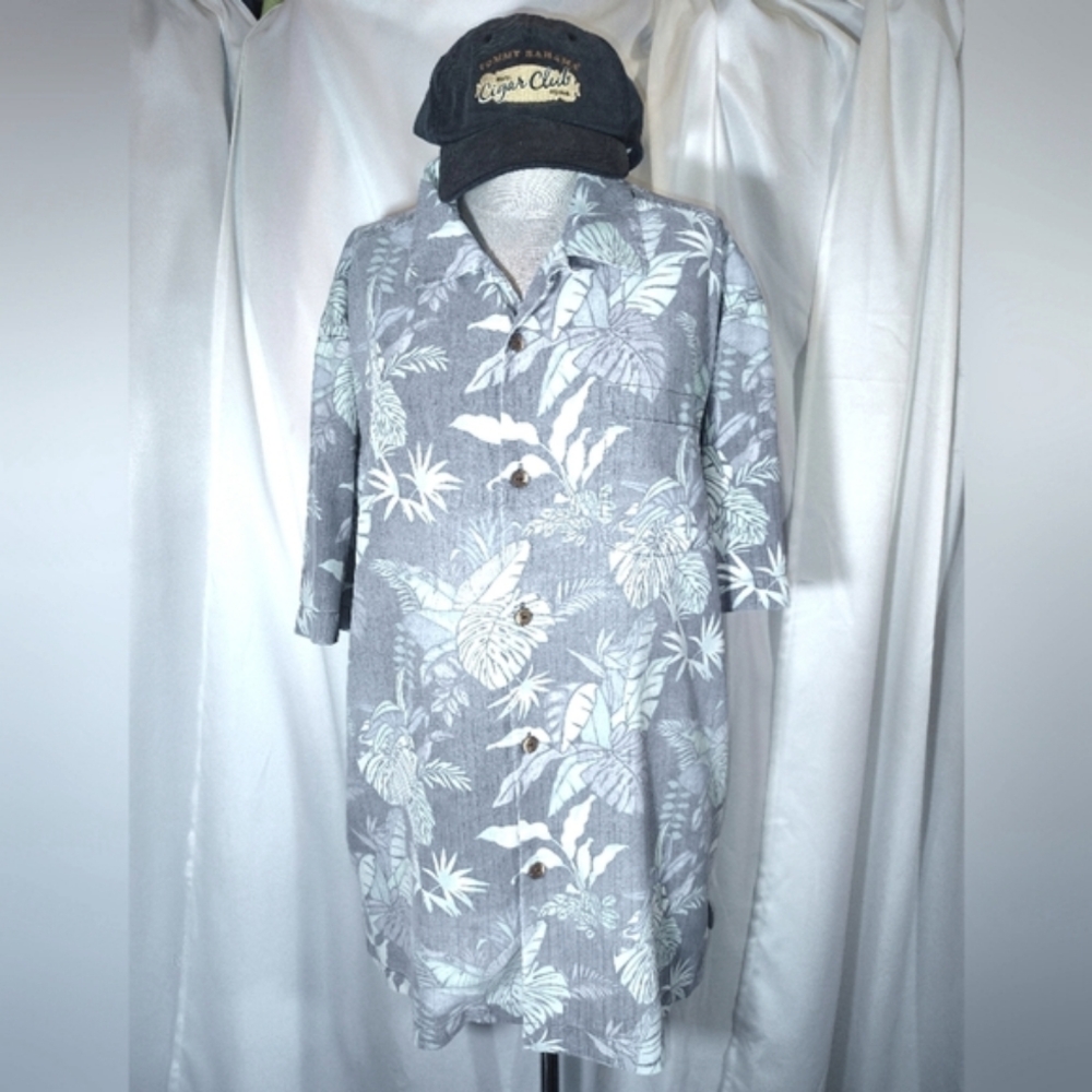 Tommy Bahama Shirt+Cap, Men SILK Short Sleeve Tropical Bttn Down,Collar, Pckt, L - Picture 1 of 16